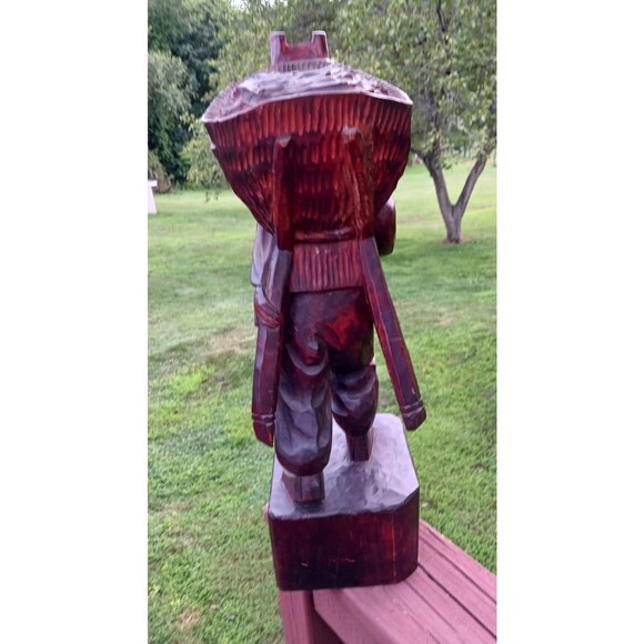 VTG Solid Wood Hand Carved Asian Chinese Man Staff Pack Statue Figure Sculpture - Picture 5 of 6
